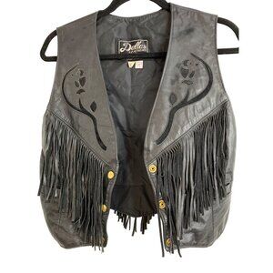 Womens 80s VTG Black Leather USA Vest Fringe Snaps Sz 8 Dallas Leathers RY10629